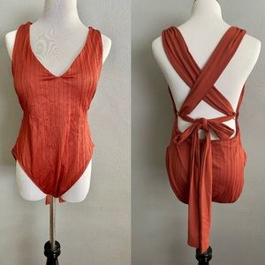 Womens One Piece Swimsuit Size Large Deep V-Neckline Textured Plunging Tie Back